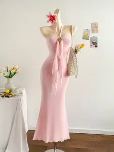Women's Halter Neck Mermaid Maxi Dress, Coquette Romantic Chiffon Formal Gown, Formal Wear, Elegant for Wedding Guest & Vacation, Womenswear