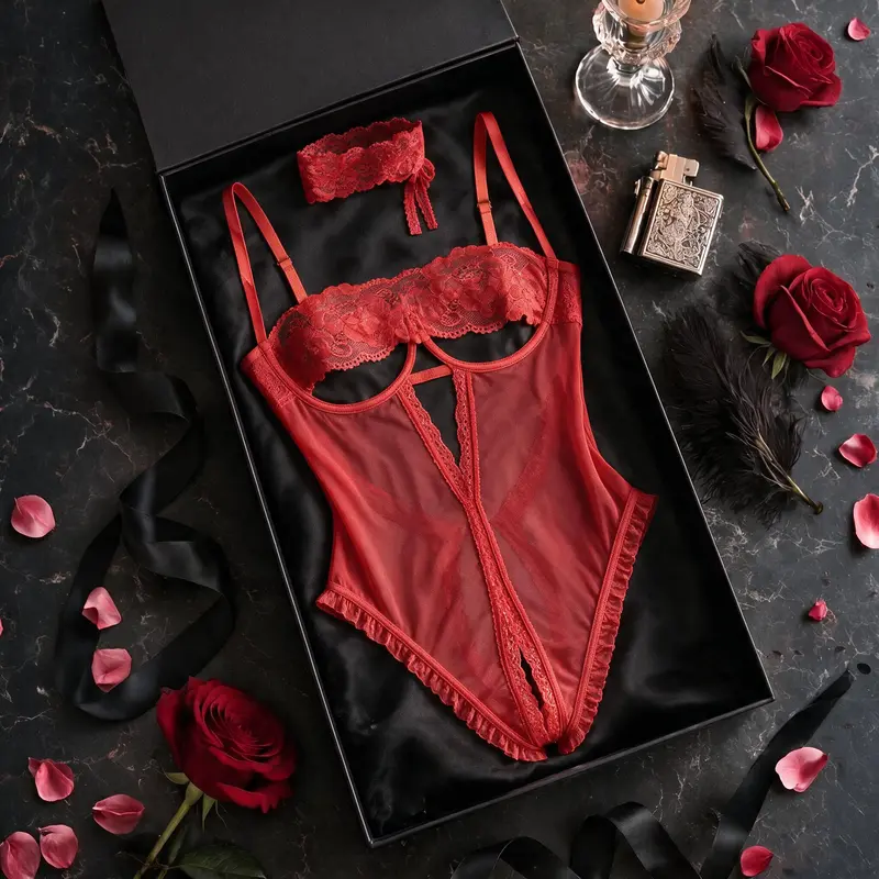 Avidlove Lingerie for Women Lace V Neck Lingerie One Piece Mini Bodysuit Exotic Fit Mesh Womenswear Adjustable Overall Ruffled Sheer Straps Stretchy Fabric