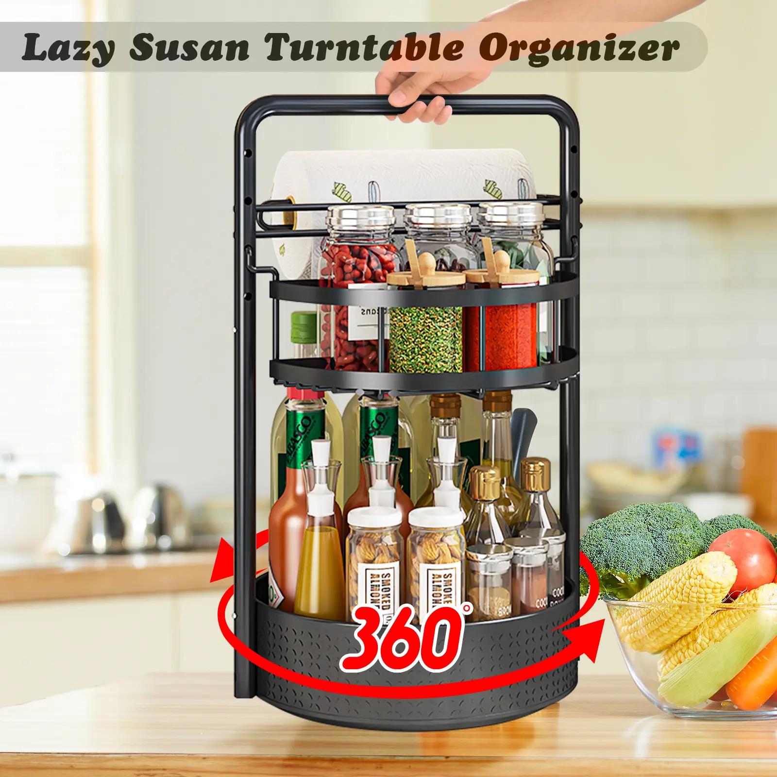 San Dream 2-Layer Lazy Susan Turntable Organizer - 360° Rotating Metal Spice Rack with Adjustable Height Tray, Display Riser for Kitchen Countertop, Pantry