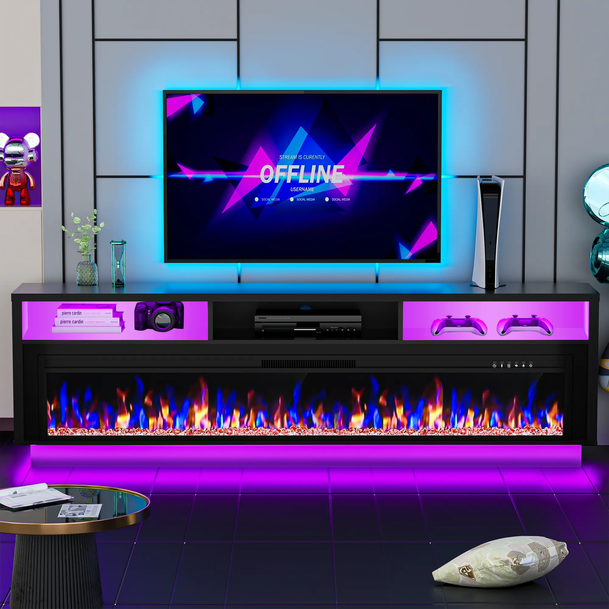 【2 Packages Shipping】AHB 70" Modern Fireplace Furniture TV Stand for TVs Up to 80" - 36" Electric Fireplace, LED Light Entertainment Center with Storage Cabinet, 2-Package Shipping, Living Room Use,, Tv Stand Living Room homeessentials