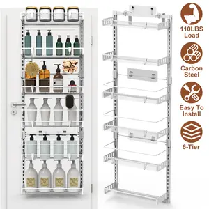 6-Tier Over the Door Pantry Organizer, Large Metal Door Spice Rack, Hanging Heavy-Duty Pantry Door Storage Shelf 10LBS Loading Easy Install Behind Door Storagefor Kitchen and Bathroom, White