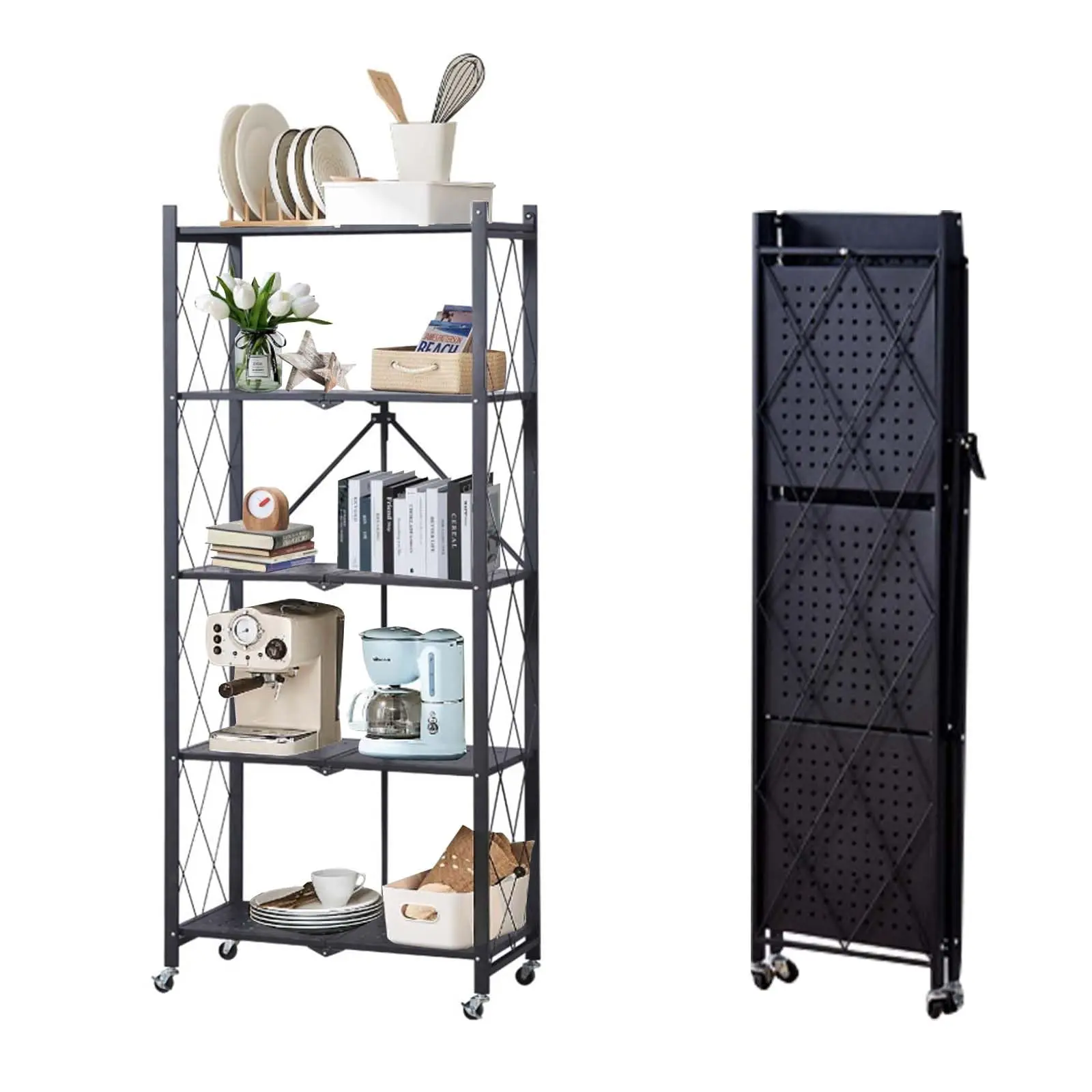 🏠 Snap open, load up, roll out. 5-Tier Folding Shelf with wheels – black carbon steel, no tools needed.