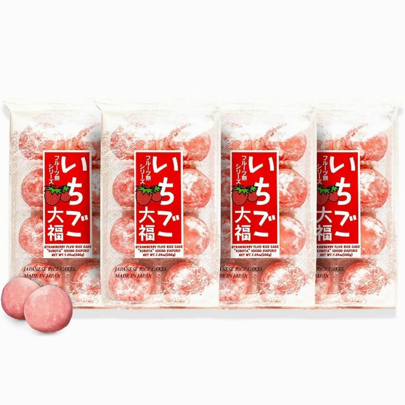 Japan Crate Kubota Daifuku Mochi - 4-Pack Strawberry Japanese Mochi Candy, Soft & Chewy Rice Cakes with Strawberry Paste Filling, Fridge & Freezer-Friendly Japanese Dessert