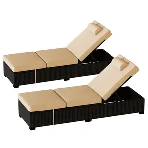 Chaise Lounge Chairs Set of 2, Outdoor PE Rattan Chaise Lounge Chair with Polyester Sponge Cushion, 5 Position Adjustable Reclining Patio Poolside Backyard Sun Lounger