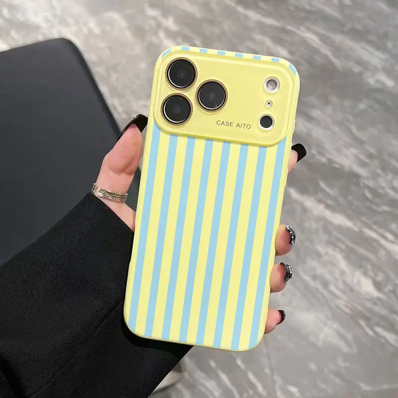 Yellow Blue Vertical Stripe Large Camera Window Matte Phone Case, Fresh Contrast Vertical Line Pattern Cover Fits iPhone 17 Pro Max Air 16 15 Plus 14 13 12 Series, Shockproof Long-Lasting Protective Simple Fresh Case For Everyone
