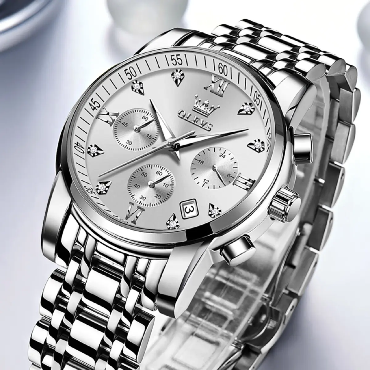 OLEVS Luxury Mens Watches Multifunction Analog Diamond Multi Dial Classic Stainless Steel Waterproof Luminous Chronograph Men's Wrist Watches
