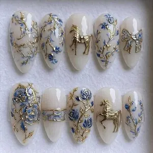 Handmade Luxury Press On Nails 3D Gold Horse Blue Flower And Bow Art Royal Porcelain