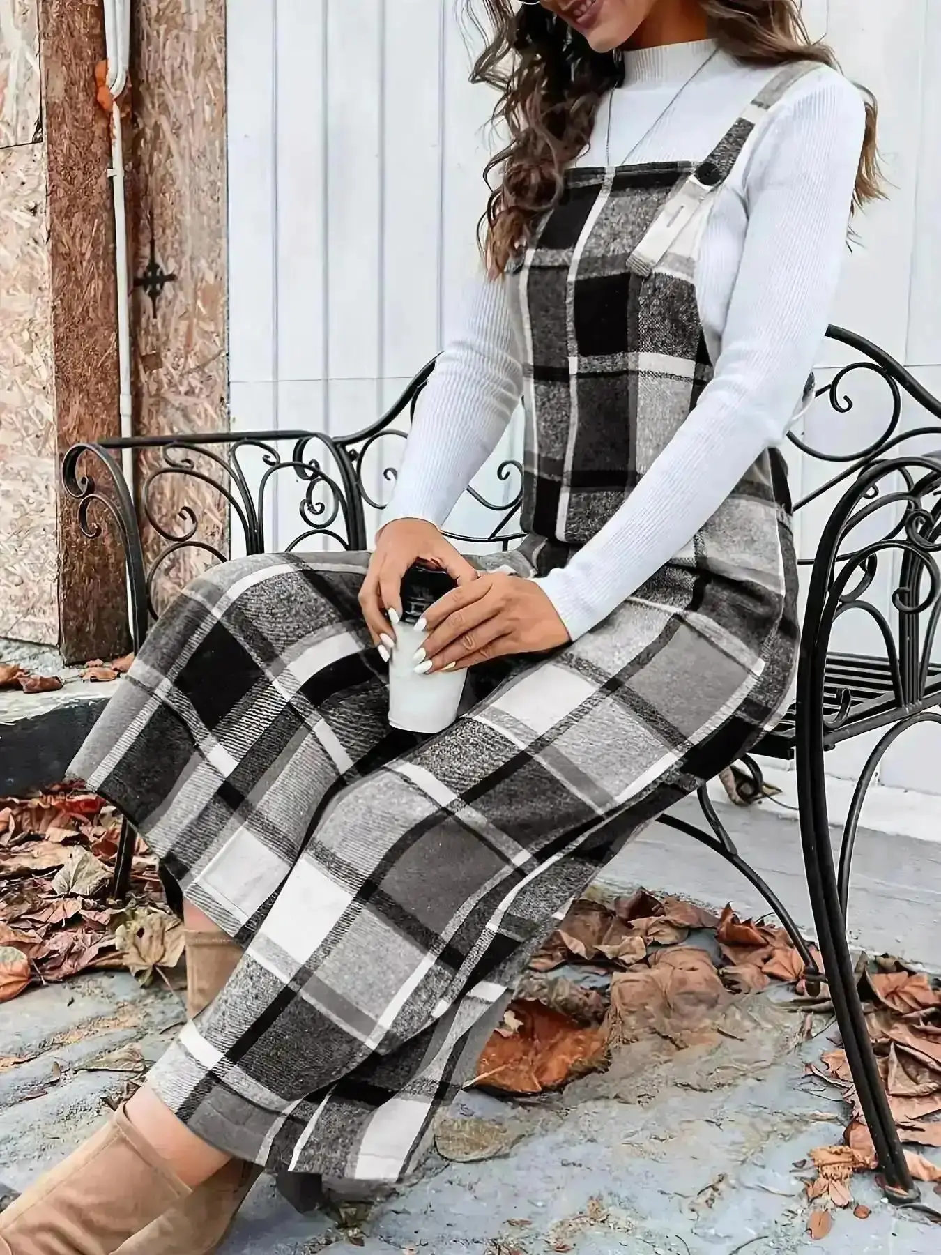 Sleek Women's Plaid Wide Leg Jumpsuit Elegant Square Neck Romper Fitted Woven Fabric Casual Style for Spring Fall Moderate Thickening, One Piece, Casual Everyday Street Trendy Chic Premium Quality Look Style Versatile
