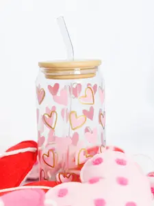 Valentine's Heart Glass Tumbler with Bamboo Lid and Glass Straw for Stylish Eco-Friendly Drink Experience Perfect for Gifting or Personal Use