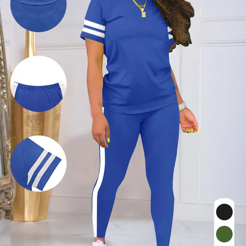 Women's Striped Print Tee & Leggings Two-piece Set, Casual Fashion Cozy Round Neck Short Sleeve T-shirt & Skinny Pants for Daily Outdoor Wear, Ladies Summer Clothes, Casual Everyday Set