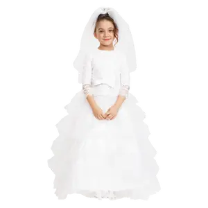 Kids Bridal Dress with Wedding Veil - White Lace Dress with Veil & Satin Belt For Girls - Perfect For Halloween, Birthday, Pretend Play Fun & Cosplay