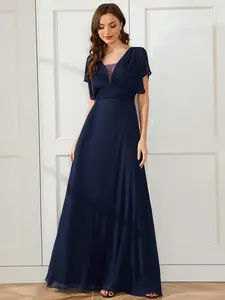 Ever-Pretty Women's A-Line Navy Blue Empire Waist Maxi Chiffon Evening Dress with Double V Neckline Flowy Skirt & Ruffle Sleeves for Summer Events 07851