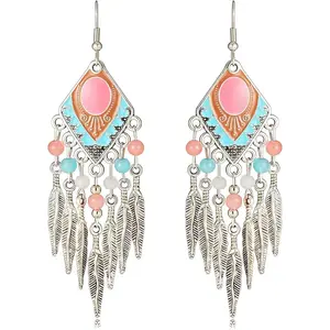 Boho Turquoise Drop Earrings Retro Long Copper Feather Tasse Metal Leaf Dangle Earrings Vintage Country Western Jewelry Cowgirl Ethnic Style Geometric Concert Festival Accessories for Women