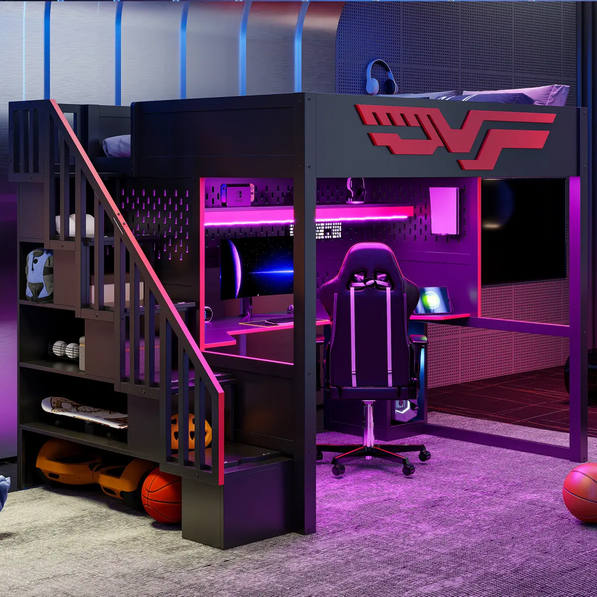 [Bellemave]Gaming Loft Bed with Desk and Storage Staircase,LED Lights and USB, Full