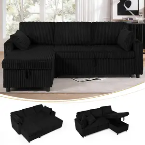 ACMEASE 84" Corduroy Reversible Sectional Sofa With Adjustable Backrests & Pull-Out Sofa Bed,  Modern L Shaped Couch w/Storage Space & Cup Holders, Comfortable Corner Sofa w/USB Charging Port & Throw Pillow for Living Room