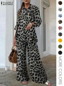 Two-piece Set Women's Leopard Print Pattern Button Front Shirt & Elastic Waist Loose Fit Wide Leg Pants, Casual Everyday Long Sleeve Pocket Collared Top & Tie Front Trousers for Daily Wear, Ladies Fall & Winter Clothes, Pocketed Top, Womenswear