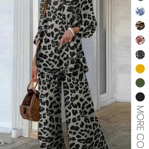 Two-piece Set, Palazzo Set, Casual Style Set, Women's Leopard Print Button Front Shirt & Elastic Waist Loose Fit Wide Leg Pants, Womenswear
