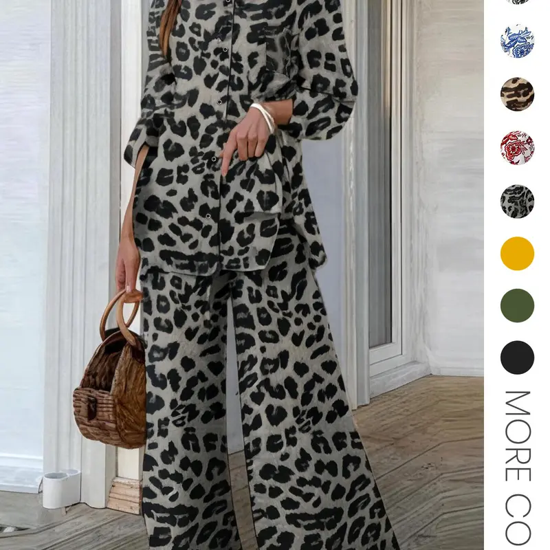 Two-piece Set, Palazzo Set, Casual Style Set, Women's Leopard Print Button Front Shirt & Elastic Waist Loose Fit Wide Leg Pants, Womenswear