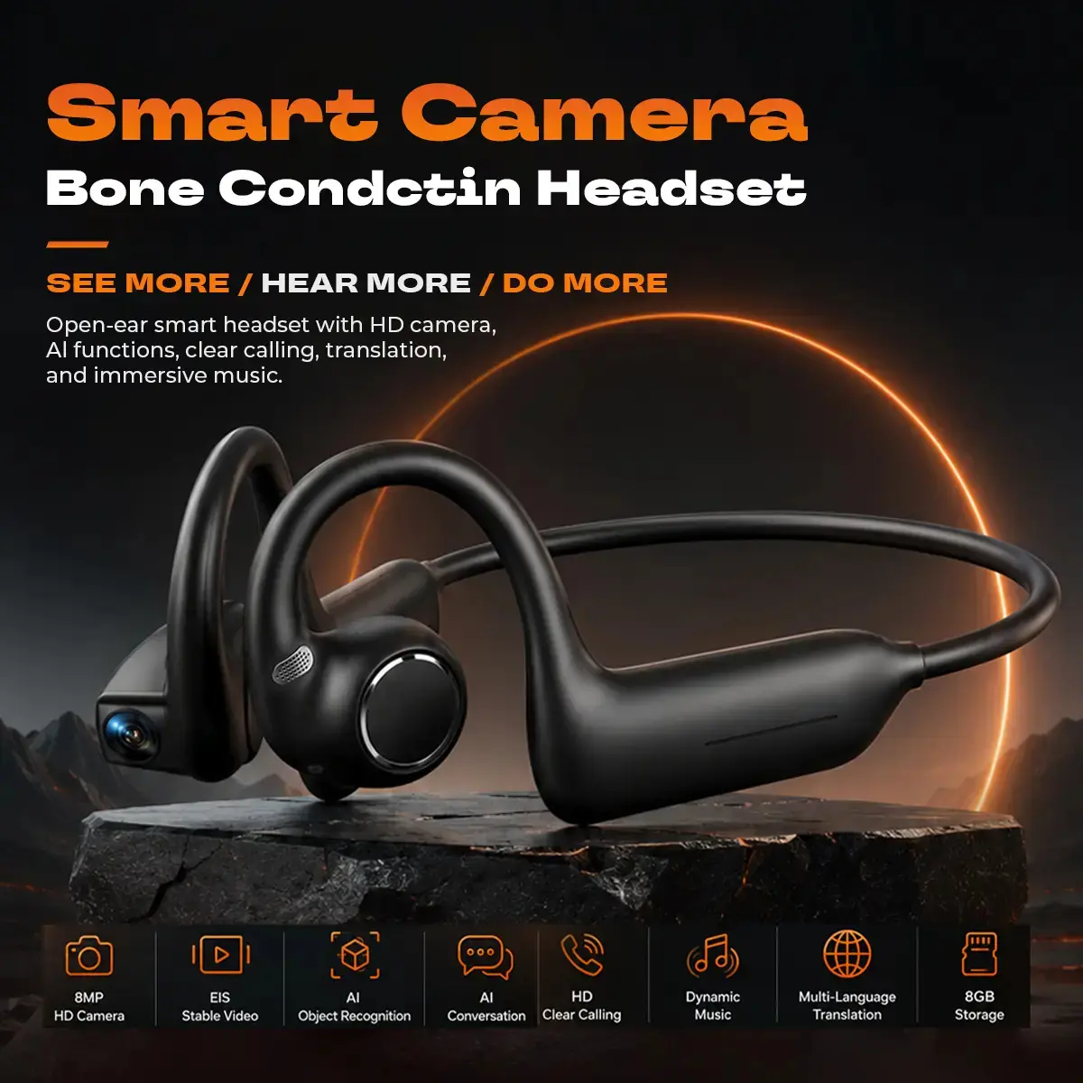 Open-Ear Wireless Bone Conduction Bluetooth Headsets - Button & Dual Touch Controls, 8MP EIS Stabilized Video Camera, 160+ Languages Instant Translation, IP54 Water Protection, Instant Connection, for Cycling & Outdoor Sports Vlogging