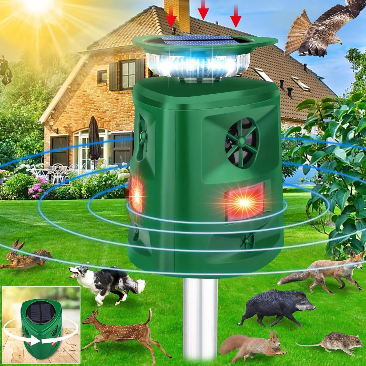 360° Range High-Quality ABS Plastic Solar Animal Repeller (Single Unit) - Motion Sensor, Flashing Light, 5 Modes & 4 Alarm Modes, Outdoor Deterrent for Cats, Dogs, Deer, Fox, Raccoon, Skunk, Rabbit, Squirrels, Coyote