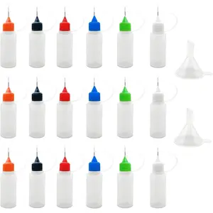 18 Pcs Precision Tip Applicator Bottles, 0.5 Ounce Translucent Glue Bottles, with 2 Funnel for Paper Quilling DIY Craft, Multicolor Lids