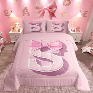 Kawaii Pink Bow Bedding Set,,Decor Teen Girl Gifts Monogrammed Bedding Set,Ultra Soft Personalized Initial S Comforter Dreamy Bow,Duvet Set Room Decor Quilt Set
