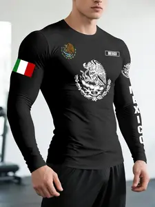 Mexican Coat of Arms Culture Printed Graphics Fitness Compression Shirt for Men, High Elasticity Long Sleeve Activewear, Perfect for Running and Training