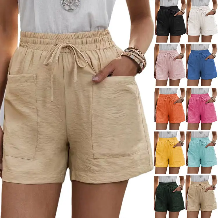 Women's Plus Size High-Waist Wide-Leg Casual Shorts - Solid Color Linen Fabric, Soft Breathable Style, Loose Fit, Pockets for Summer Daily Wear, Basic