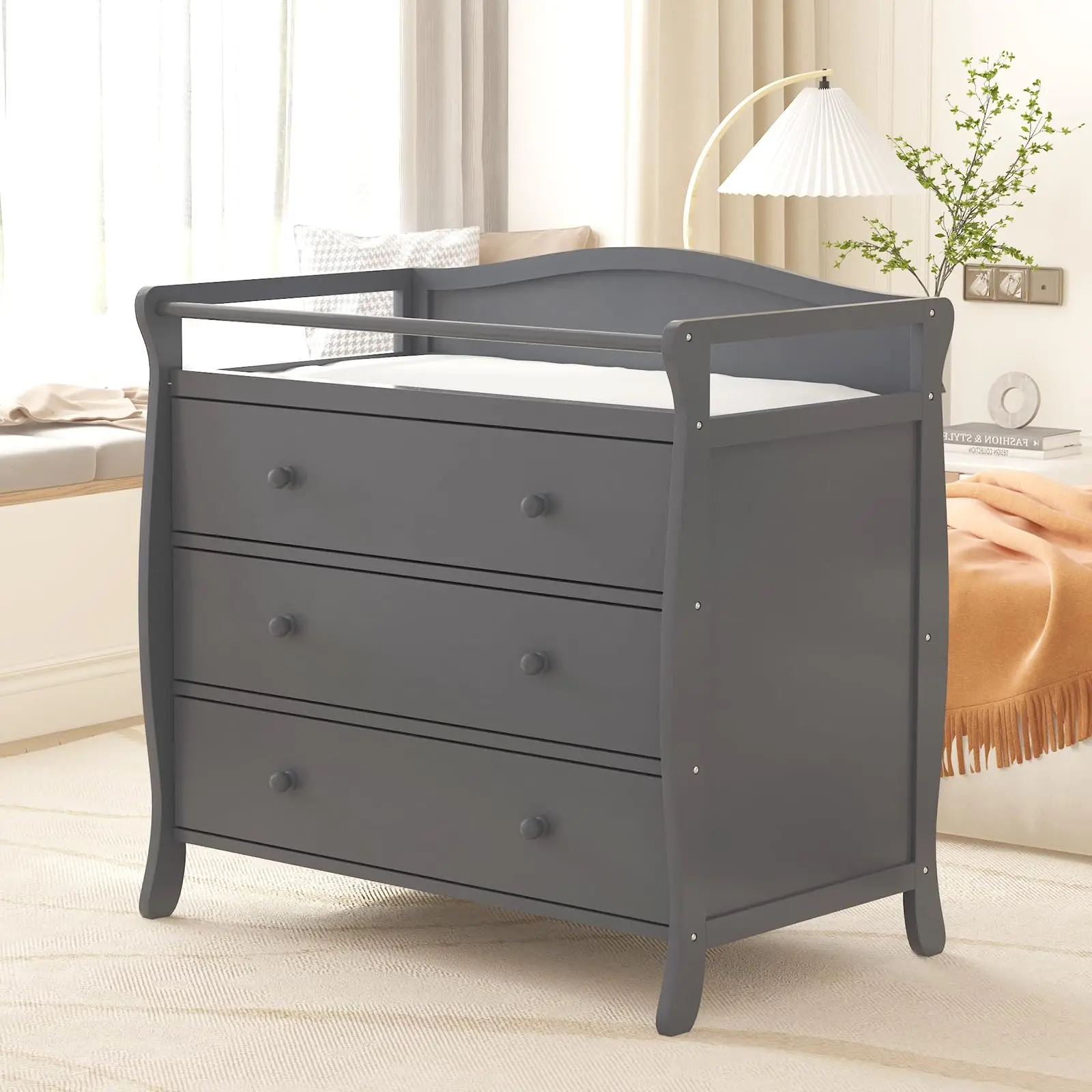 3-Drawer Changing Table, Infant Diaper Changing Station with Drawers, Safety Rails & Strap,Nursery Dresser Chest with Changing Table Top
