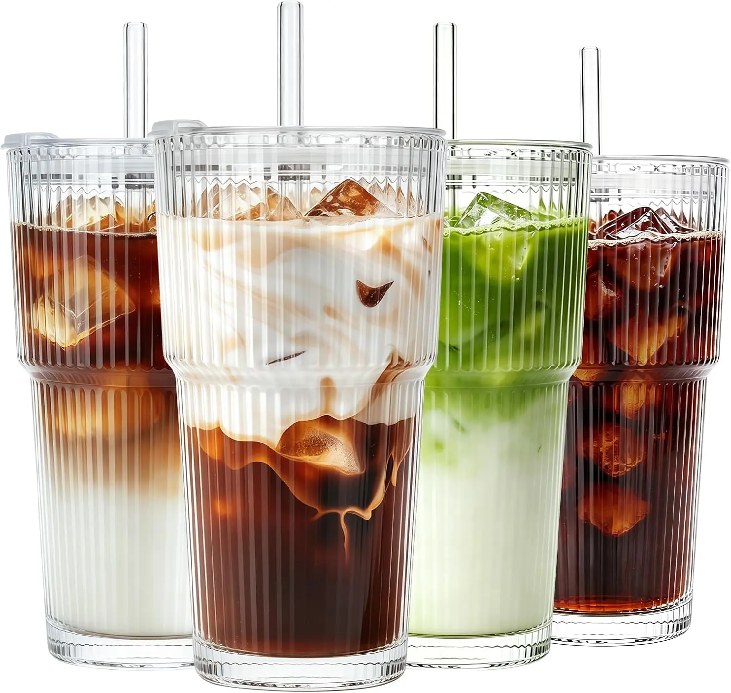 4-Pack 18oz (540ml) Aesthetic Classic Stylish Ribbed Thick Glass Tumblers - Leakproof, Sturdy, Portable Reusable Cups with Silicone Lids & Straws for Iced Coffee, On-the-Go Kitchen Drinkware