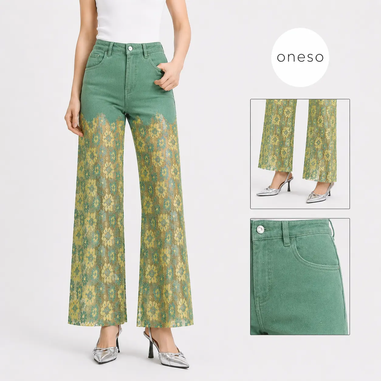 ONESO Green Wide Leg Jeans for Women High Rise Soft Denim Lace Pants Fresh Summer Vacation Casual Look