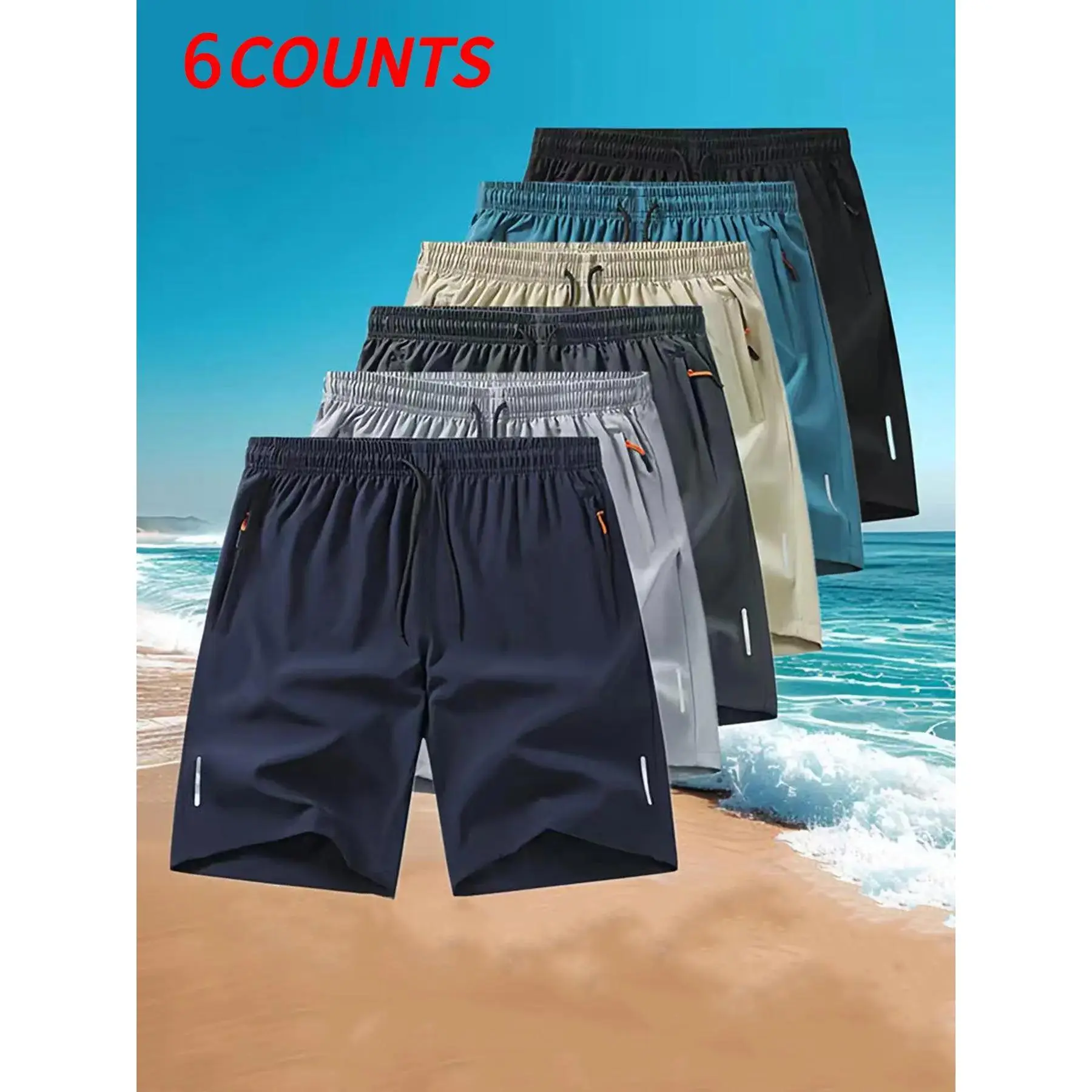 Veiskor Men's 6-Piece Summer Quick-Dry Breathable Polyester Blend Shorts Set - Menswear, Mild Elasticity, Striped Design, Convenient Pockets,lightweight,casual,clothes,