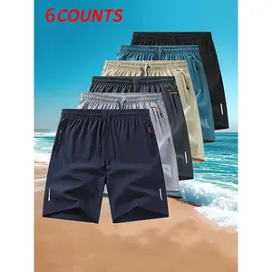 Summer Men's Shorts Set, 6 Pcs, Quick-Dry Breathable Fabric, Comfortable Polyester Blend, Mild Elasticity, Plain Design, Convenient Pockets