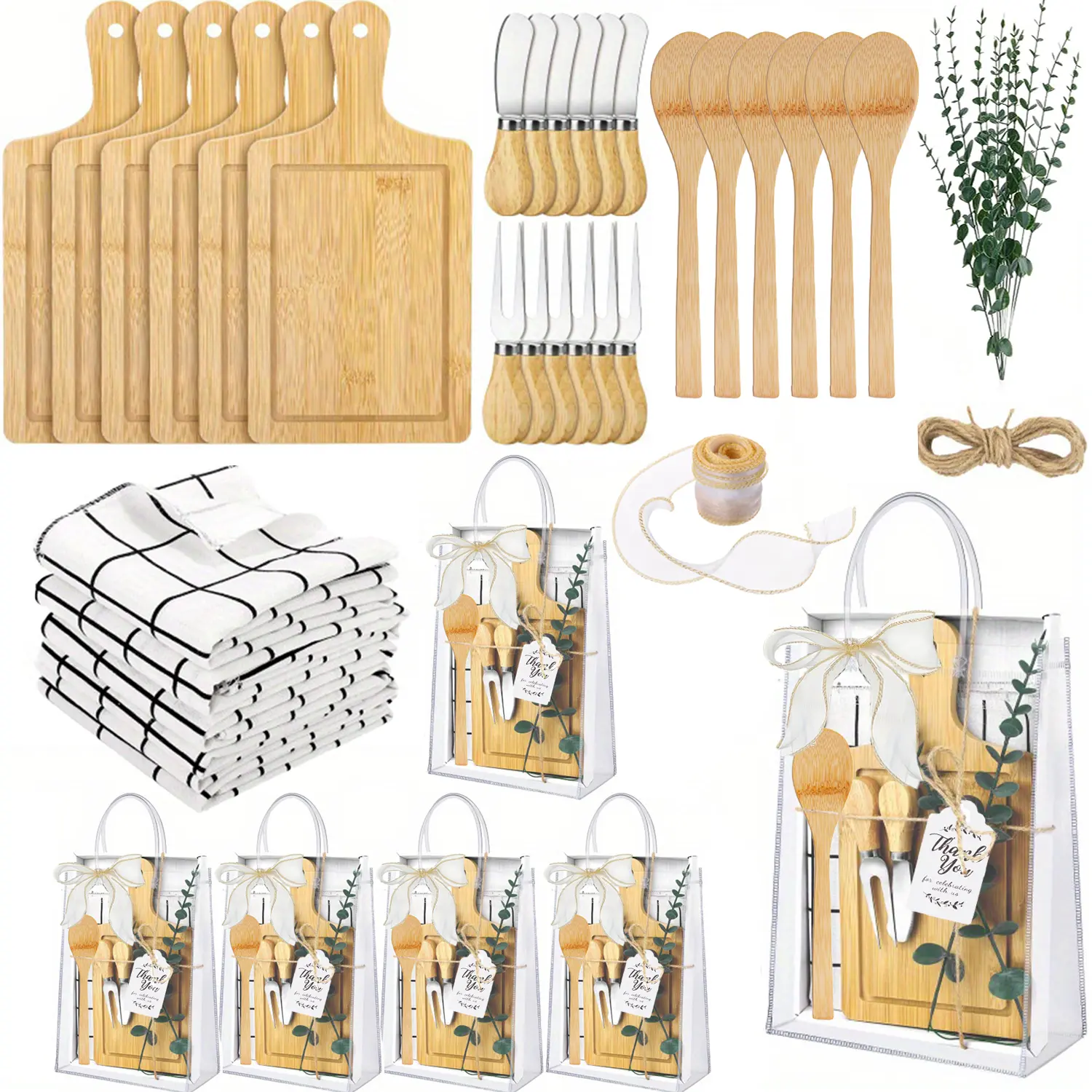 6-Set Stylish Aesthetic Wooden Mini Charcuterie Board Gift Set - 11.4in Bamboo Cheese Board with Cutlery (Knife,Spoon,Fork), 19.7in Checkered Tableware - Party Favors for Wedding,Housewarming