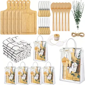 6-Set Stylish Aesthetic Wood Mini Charcuterie Board Gift Set - 11.4in Bamboo Cheese Board with Cutlery (Knife, Spoon, Fork) & 19.7in Checkered Tableware - Party Favors for Wedding, Housewarming