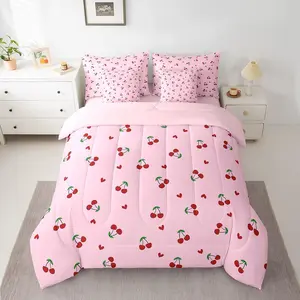 Feelyou 7-Piece Cherry Comforter Bed-in-a-Bag, Cute Fruit Patterns Bedding with Included Sheet Set, Kawaii Cartoon Teens Linen Set, Includes Sheet Set