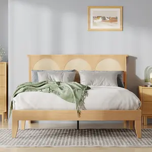 Boho Rattan Bed Frame, QUEEN Size Wooden Platform Bed with Rattan Headboard & Smart LED Light, Sturdy Bedframe with Under Bed Storage, No Box Spring Needed, Easy Assembly, Bohemian Bedroom Furniture