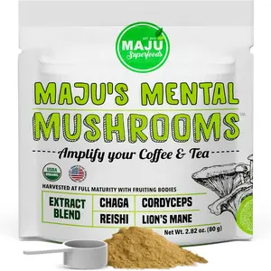 MAJU Organic Mental Mushrooms (80g) - Edible Dietary Nootropic Supplement, Chaga, Reishi, Cordyceps & Lion's Mane for Healthcare, Mental Fitness