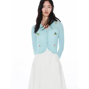 URBAN REVIVO 2026 Summer Women's Buttoned Knitwear Cardigan - Thin Long-Sleeve, Soft Ruffled, Slightly Stretchy Polyester-Viscose Fabric Clothes with Embroidered Details for Vacation (UYL960069)