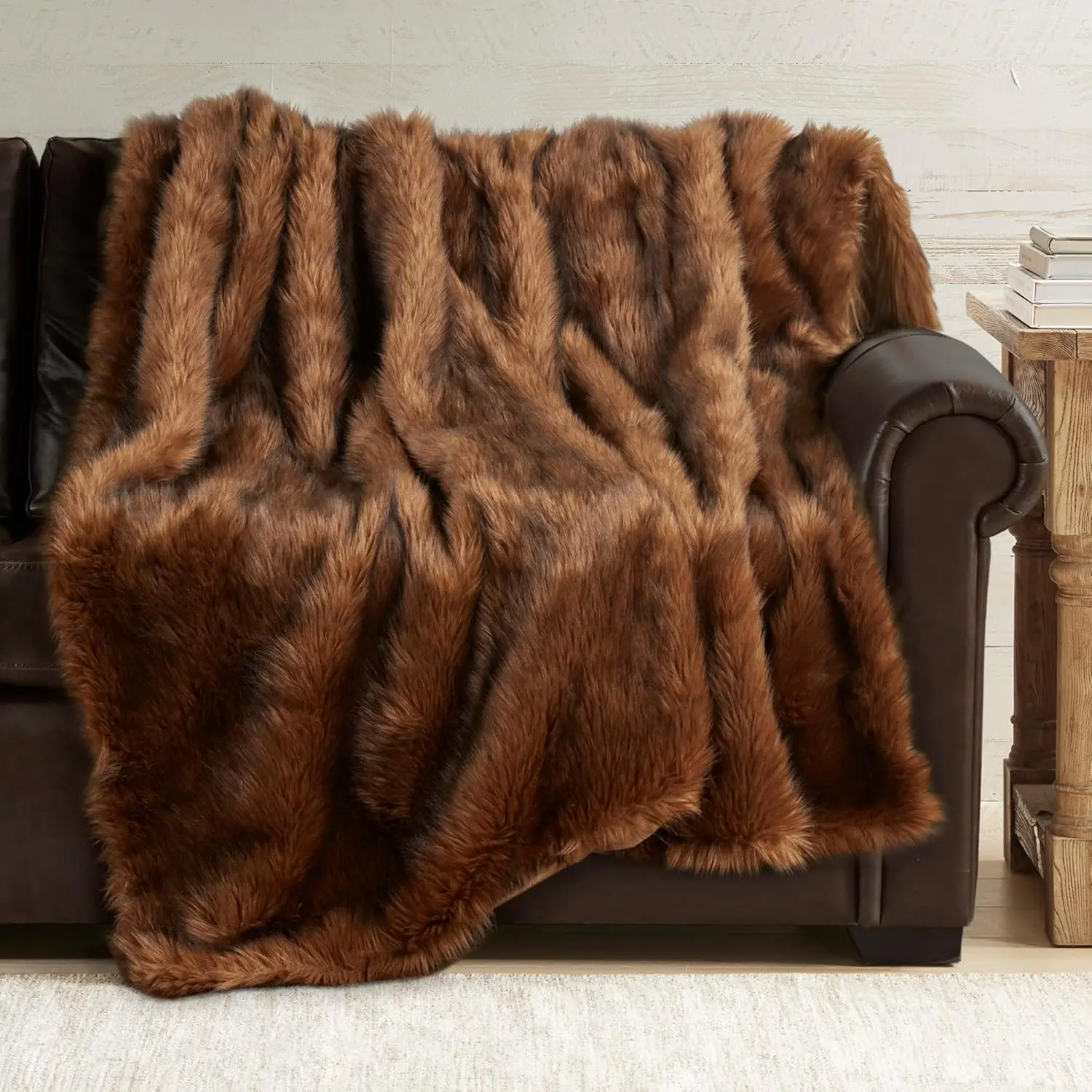 Faux  Throw Blanket - Ultra Long Pile, Luxury Fluffy Bear Brown with Black Tipped Blankets, Fuzzy Plush  Coat Color Throws for Sofa Couch,  for Women, 50x60