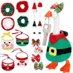 16 Pcs Christmas Mini Desk Goose Outfit Xmas Santa Elf Snowman Costume with Bandana Hats Headwear Bow Ties and Dress Clothes for Xmas Gift Magnetic Duck Toy Table Key Holder Decor