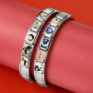 Fashion Lucky Stainless Steel 6.75 Inch Italian Charm Bracelet Sets Starter with Opening Tool Interchangeable 9mm Modular Links Nomination Jewelry for Women Men Gifts