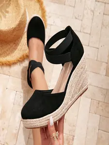 Women's Canvas Wedge Sandals, Breathable Mesh Upper, Elastic Cross Strap, Round Toe Ankle Strap Shoes, Comfortable Sole