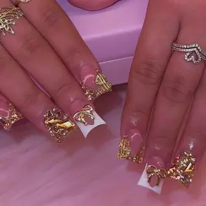 Glam Sweet Style Press on Nails, 24pcs/box Sparkling Gold Accents & Trendy Bows Fake Nails with Tools, Glitter Decorative Nails, Easy to Wear for Women & Girls