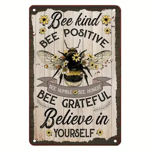 1count, Bee-Themed Vintage Metal Sign - Rustic Room Decor, Aesthetic Wall Art, Inspirational Quotes, Bee Kind, Bee Positive, Bee Grateful - Iron Material, 8x12/20cm*30cm, Perfect Gift for Garage, Bathroom, Living Room, Man Cave, Bar, Garden, Eid Al-Adha