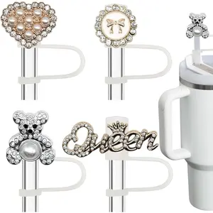 Bling Diamond Straw Cover for Stanley Cup Accessories - Silicone Straw Toppers with Silver Rhinestone fit 9-12mm Straws
