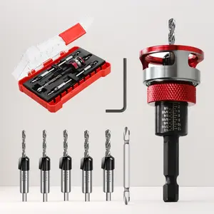 7-Piece Countersink Drill Bit Set with Aluminum Alloy Stop Collar, a Screwdriver Bit, 5 HSS M2 Tapered Bits and a Wrench, 1/4" Hex Shank Countersink Drill Bit for Woodworking