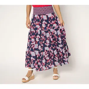 Susan Graver PURE Petite Printed Cotton Smocked Waist Maxi Skirt