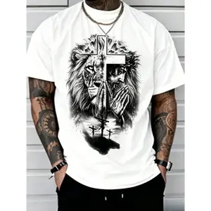 Men's Lion & Jesus Print Casual Graphic Design Round Neck Tee, Regular Fit Casual Short Sleeve Crew Neck T-Shirt for Summer, Fashion Men's Top for Daily Wear, Tropical