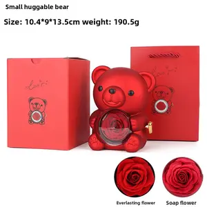 Hot Selling Small Hugging Bear Flip Surprise Rose Jewelry Box Bear Eternal Flower Valentine's Day Gift Box